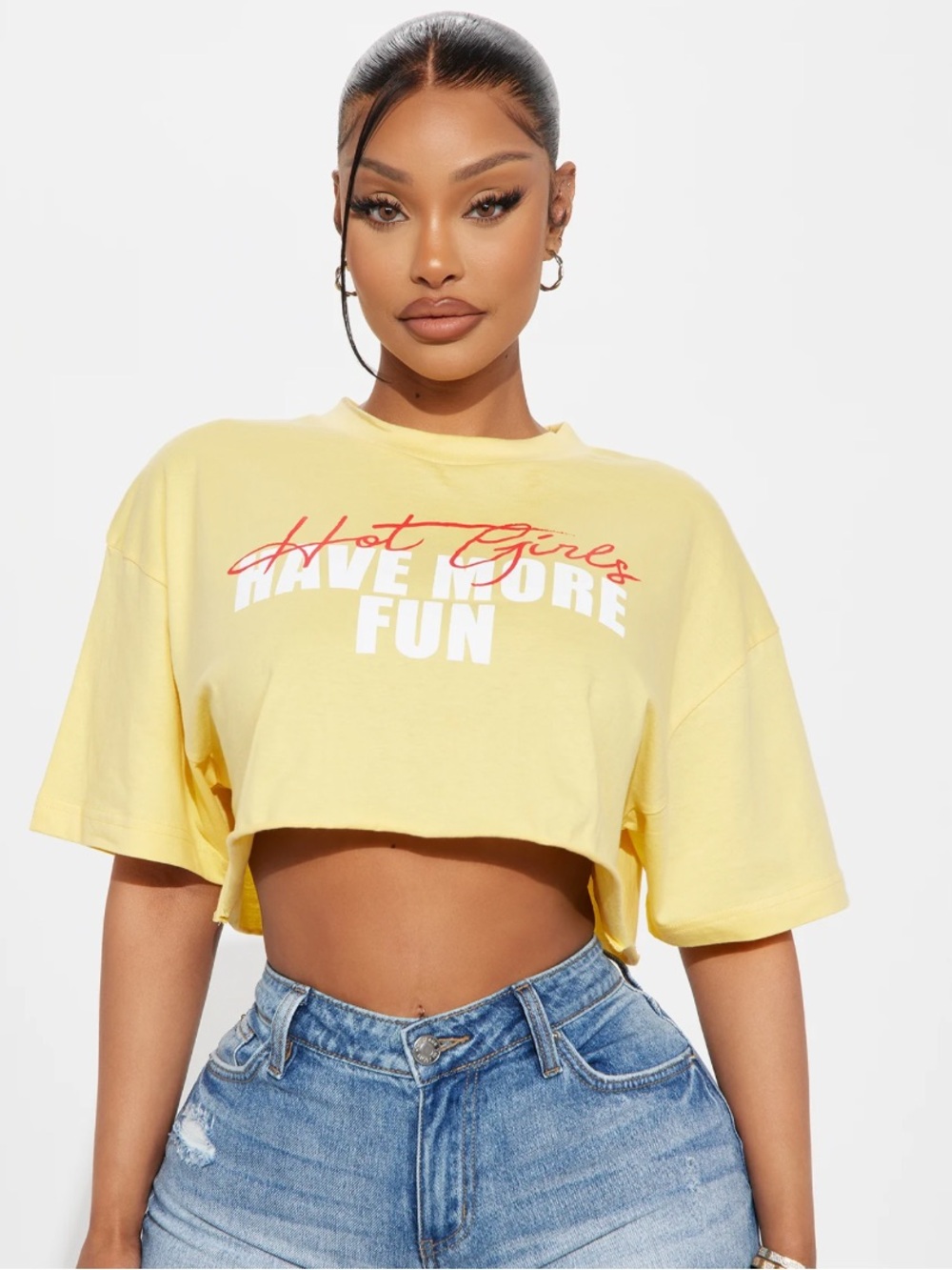 Fashionova Yellow Cropped Graphic Tee - Have More Fun